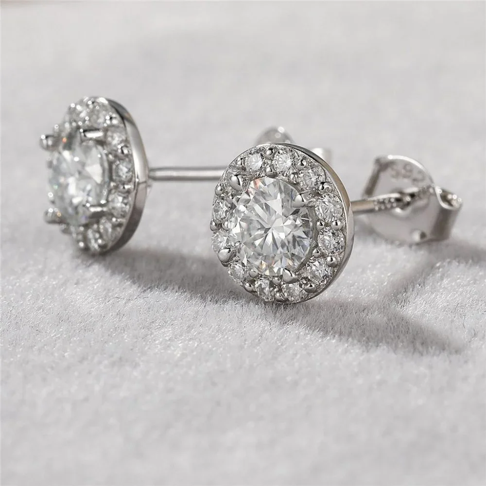 Certified 1ct. t.w. Moissanite Diamond Round Halo Stud Earrings NEW A